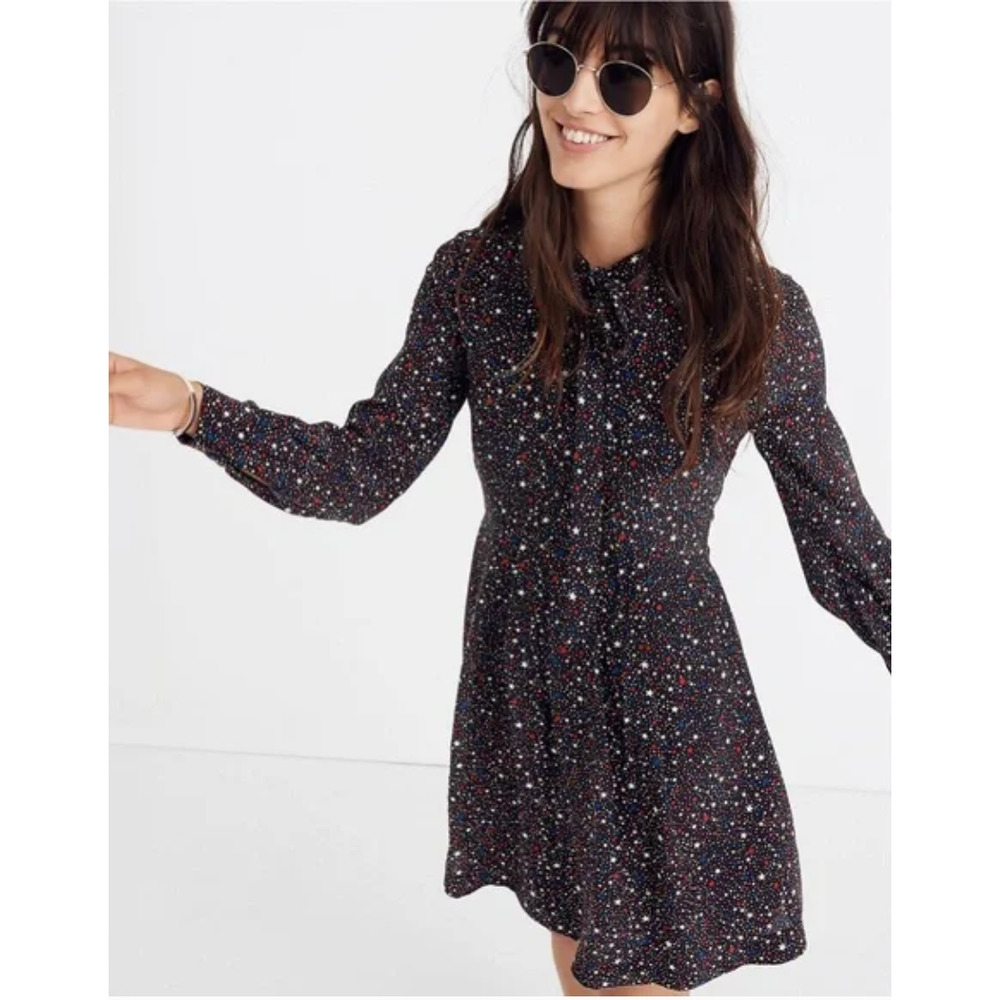 Madewell Women's Dress 2 Silk Balsam Tie Neck Mini Bow Pleated Starry‎ Black